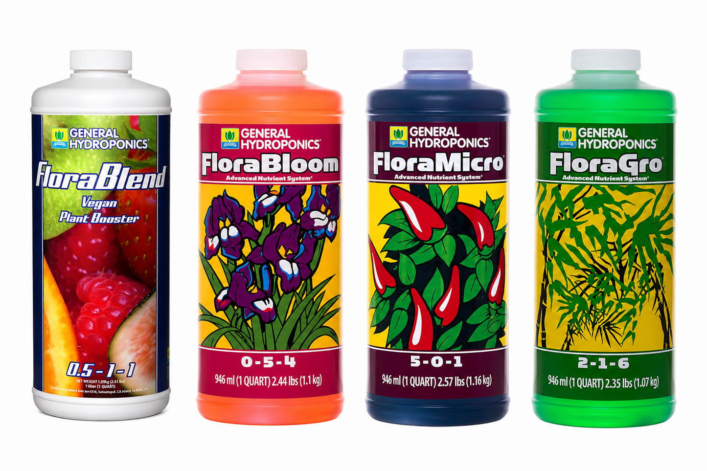 General Hydroponics Flora Grow, Bloom & Micro + Free FloraBlend — 1 Liter Set