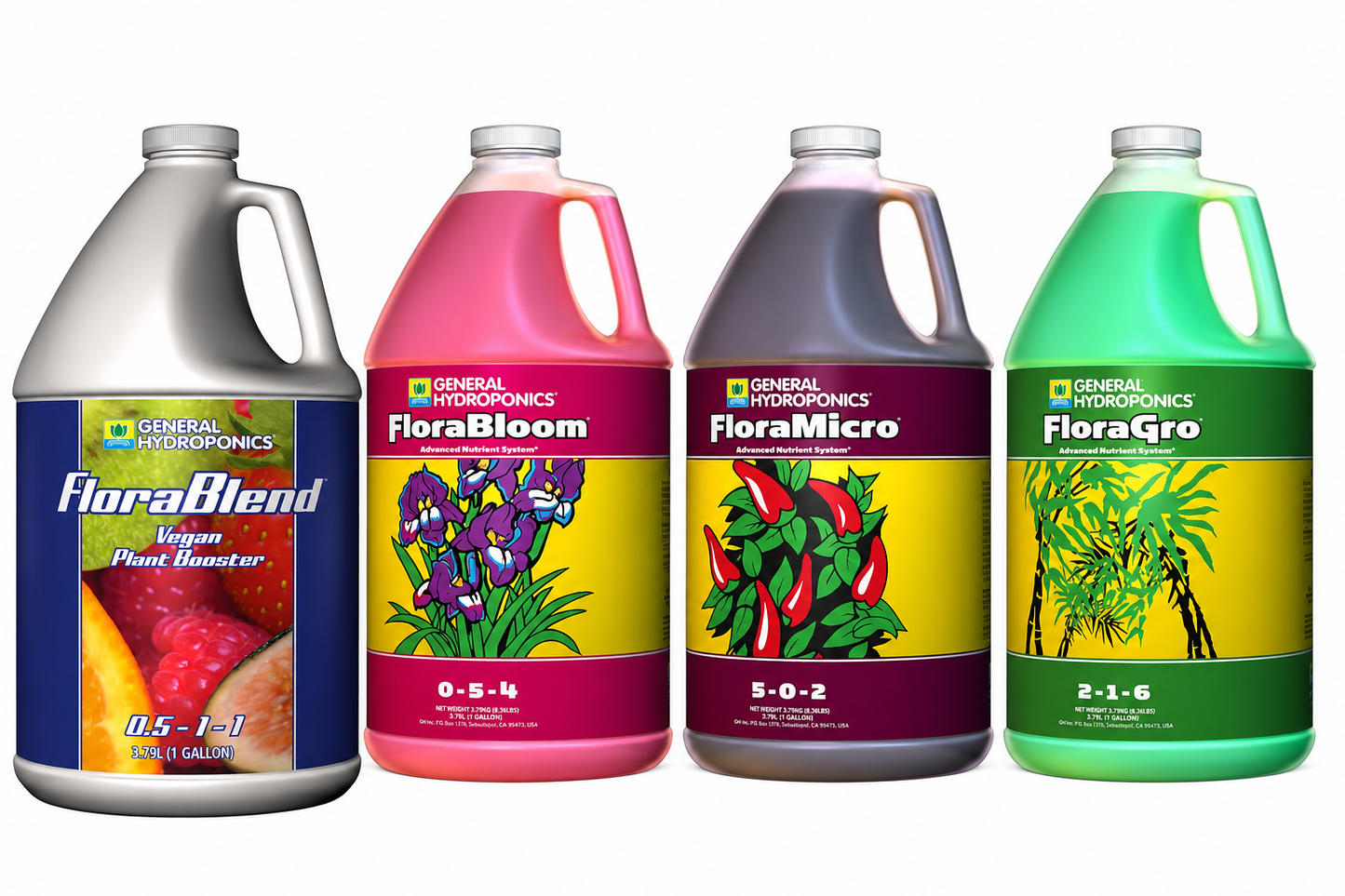 General Hydroponics Flora Grow, Bloom & Micro + Free FloraBlend — 1 Gallon Set