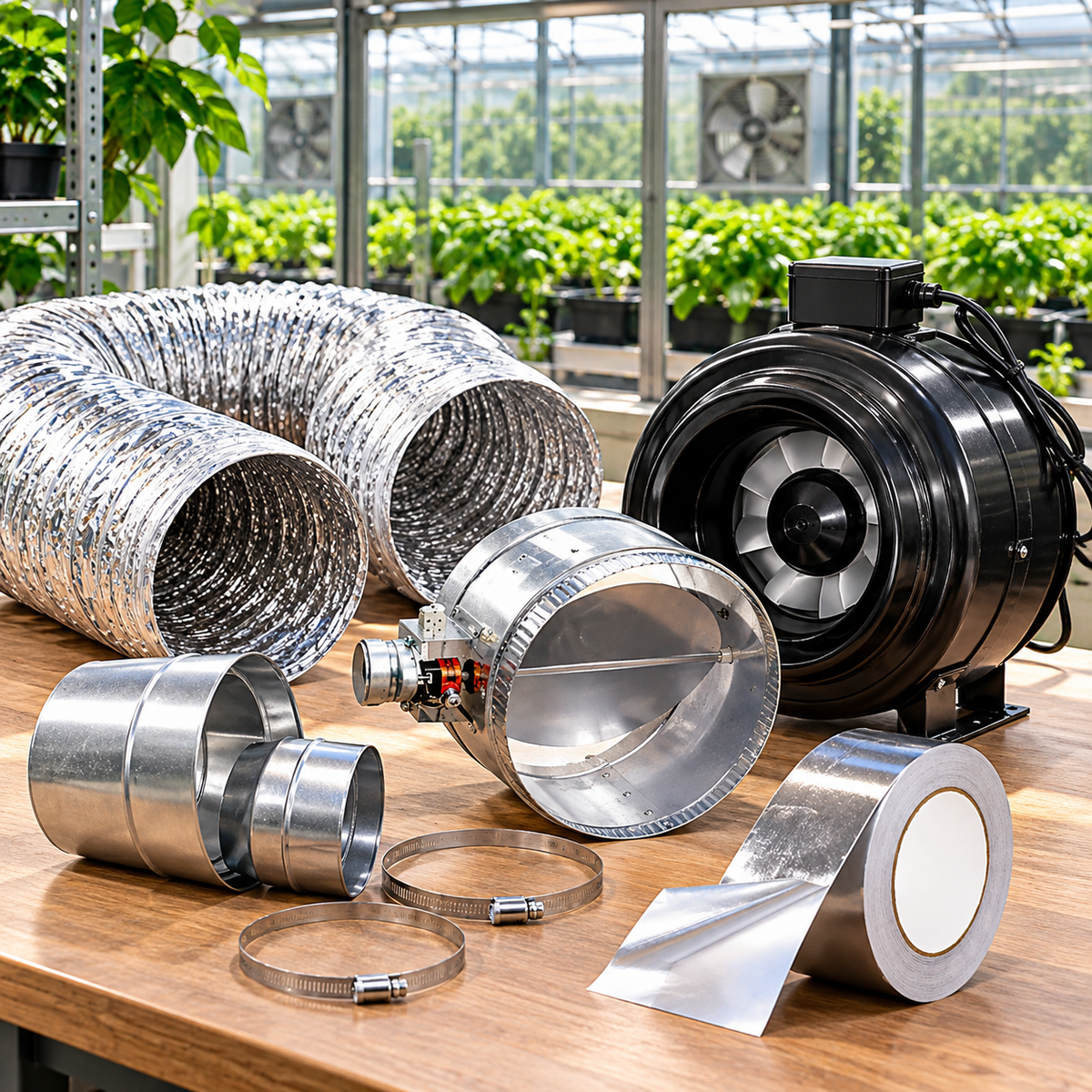 A set of silver aluminum duct flex and metal ventilation components arranged on a wooden workbench inside a greenhouse. The kit includes a flexible corrugated duct section, a black centrifugal fan, several silver metal elbow and straight sections, two hose clamps, a roll of aluminum foil tape, and a small red-and-black valve or connector.