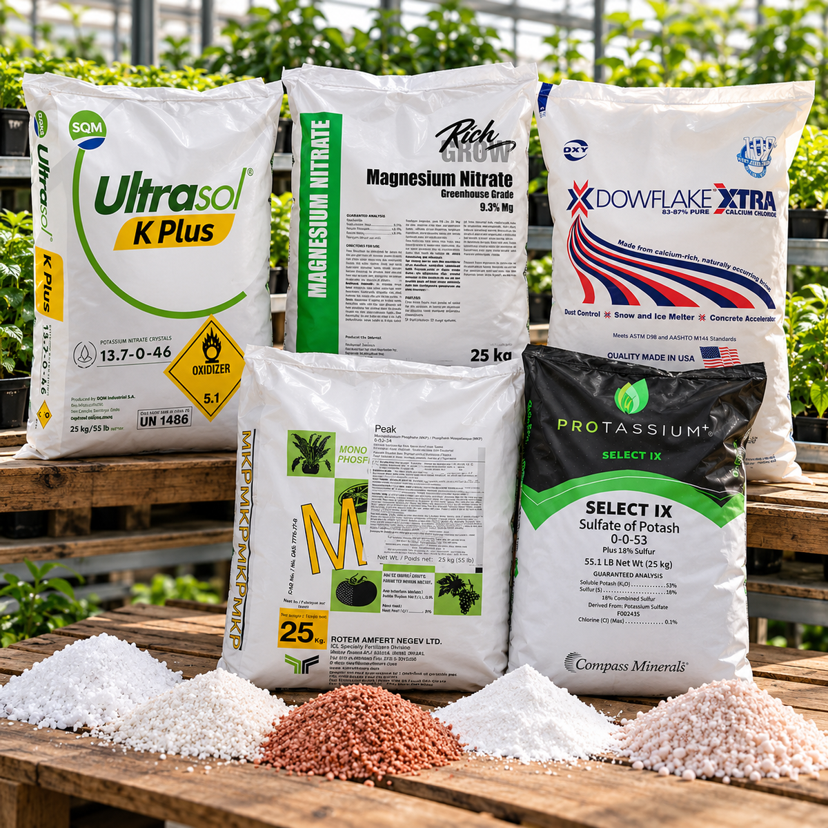 Six bags of agricultural and garden nutrients arranged on a wooden table 