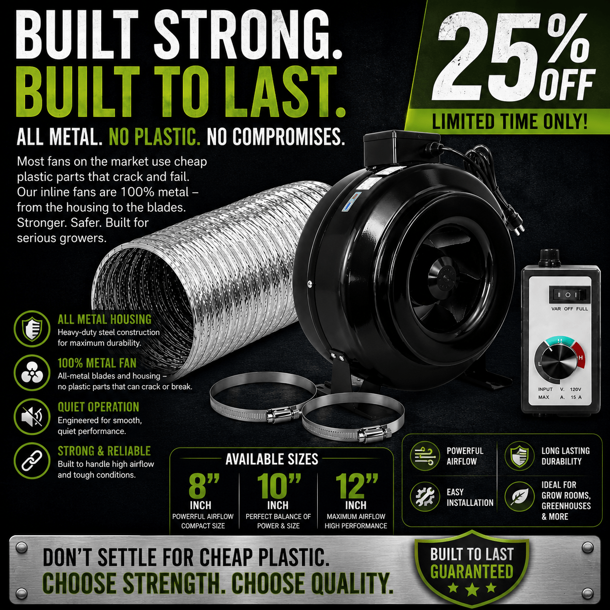 Stealth Inline Exhaust Fan with 25ft Ducting, Clamps & Speed Controller - Progressive Growth Garden Supply