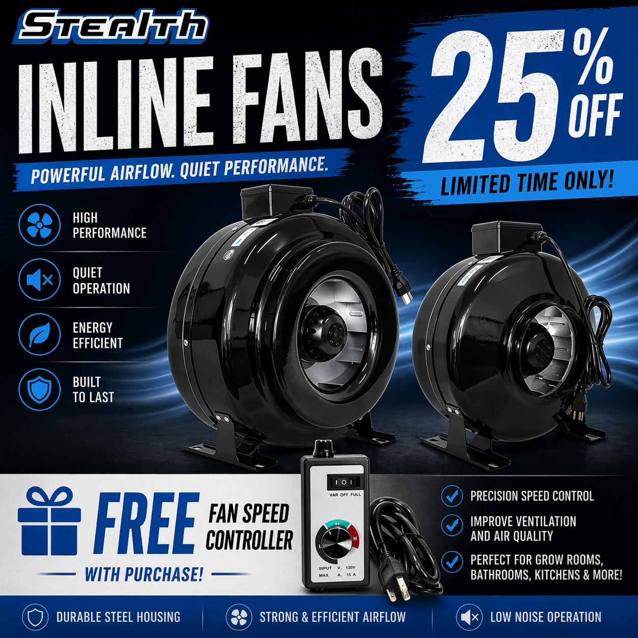 Stealth Inline Exhaust Fans with Speed Controller - Progressive Growth Garden Supply
